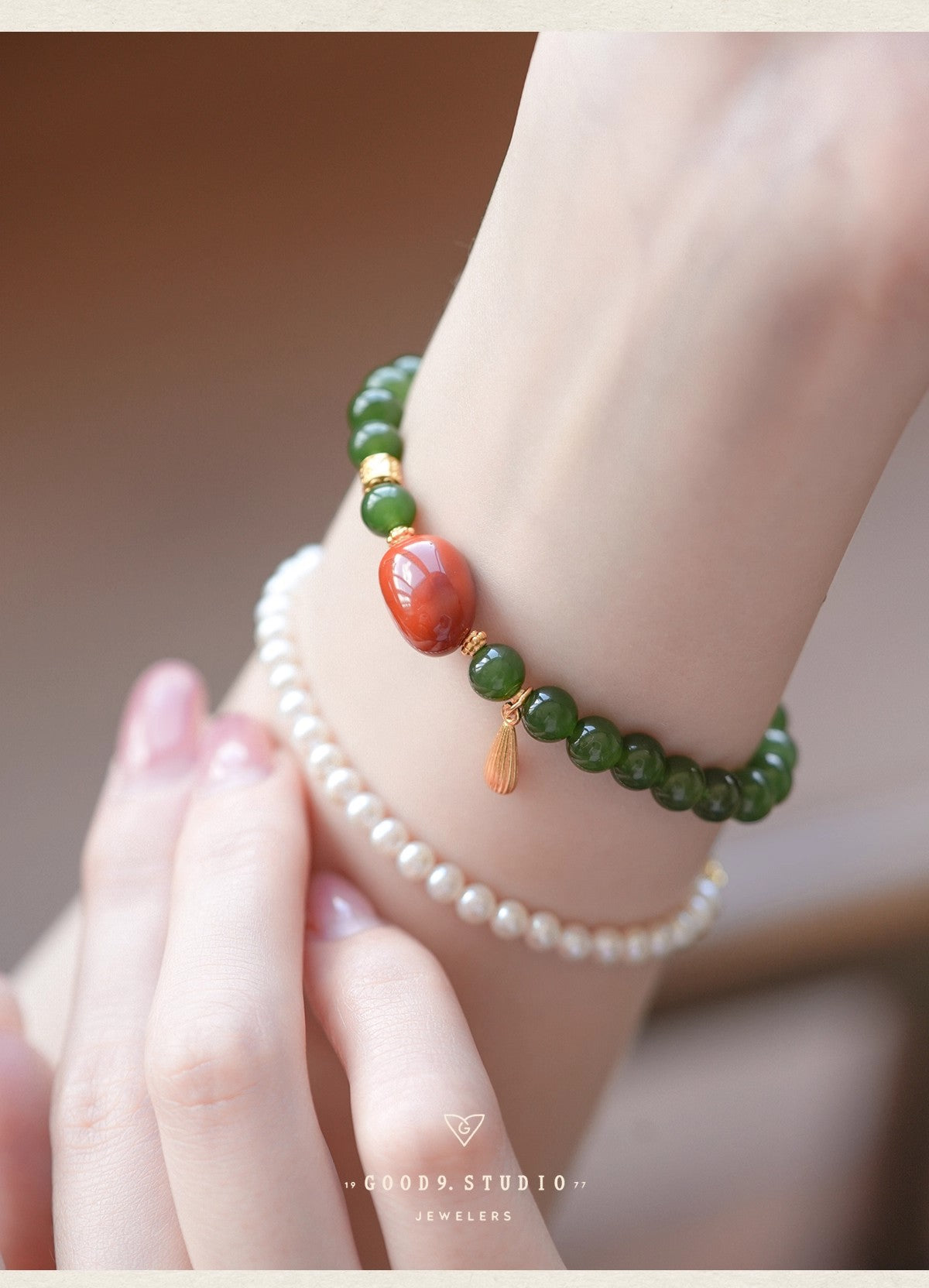 Hetian Jade Bi Bracelet - Spinach Green & Nanhong Agate Pandora