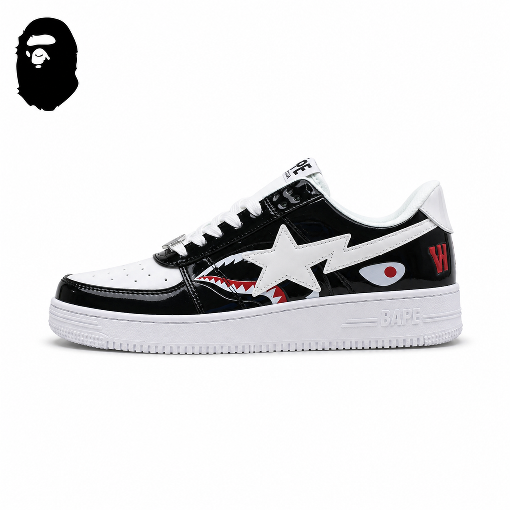 BAPE STA Shark Low-Top Sneakers - Black/White, single side view on a white background