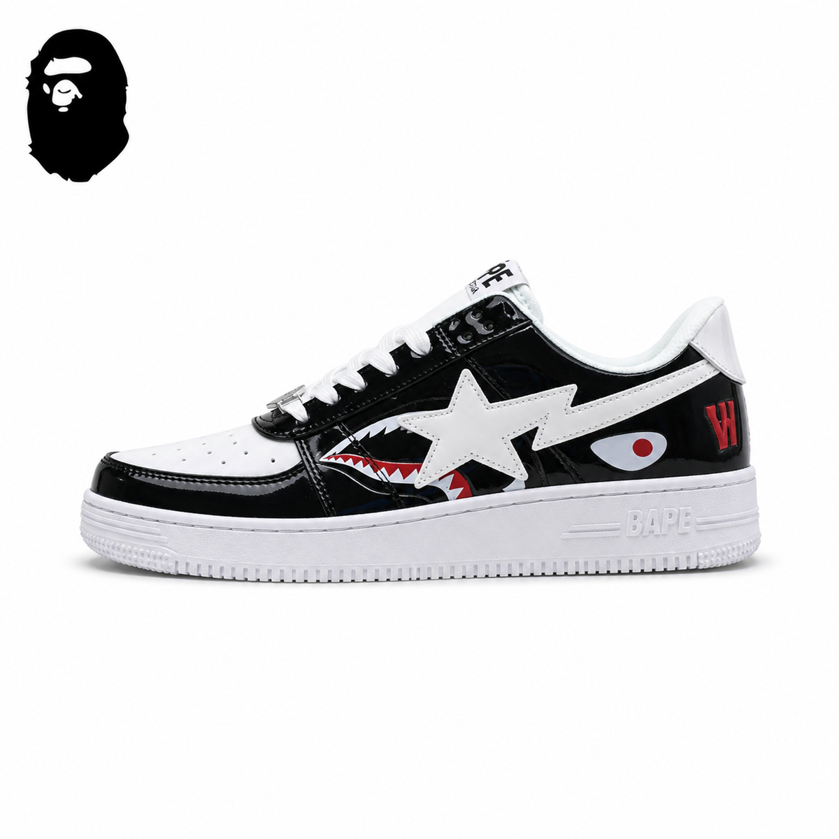 BAPE STA Shark Low-Top Sneakers - Black/White, single side view on a white background