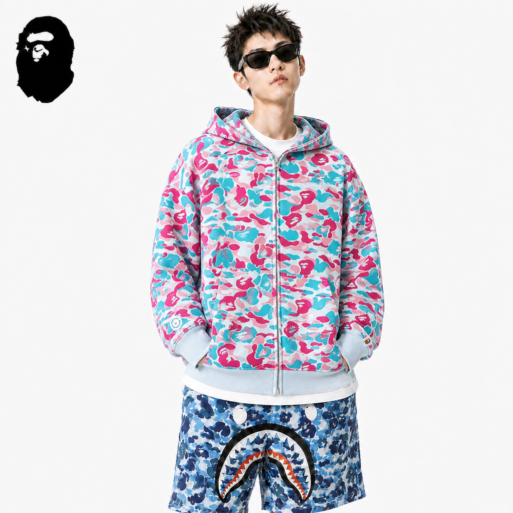 BAPE Miami City Pink Blue Camo Shark Hoodie styled on a male model