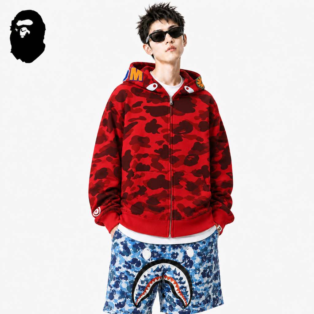 BAPE WGM Camo Zip Hoodie - Eight Colorways styled on a male model
