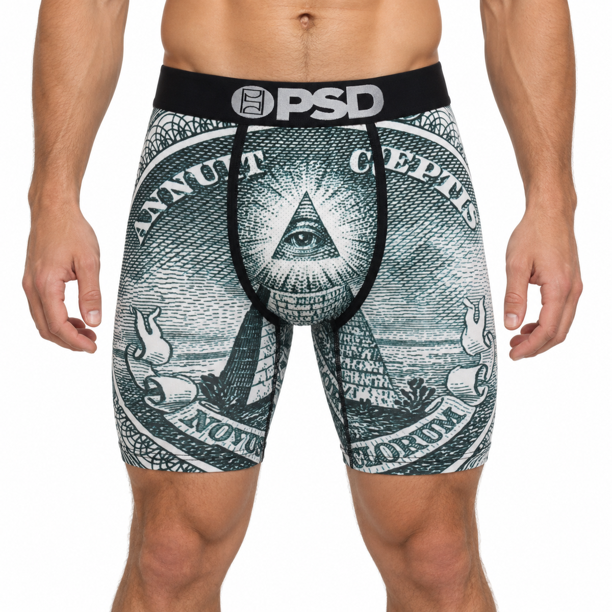 PSD Style Pyramid Money Graphic Long-Leg Boxer Briefs front model view