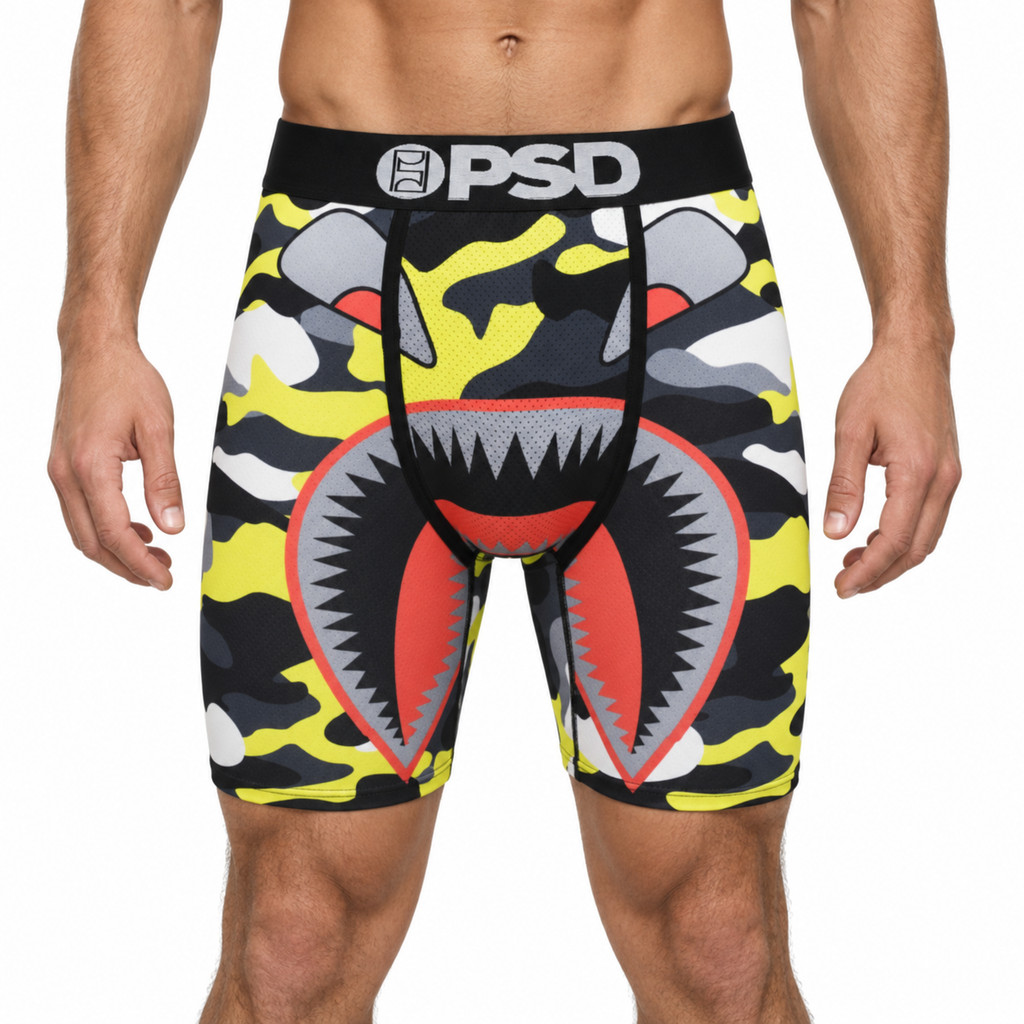 PSD Style Yellow Camo Shark Graphic Boxer Briefs front model view