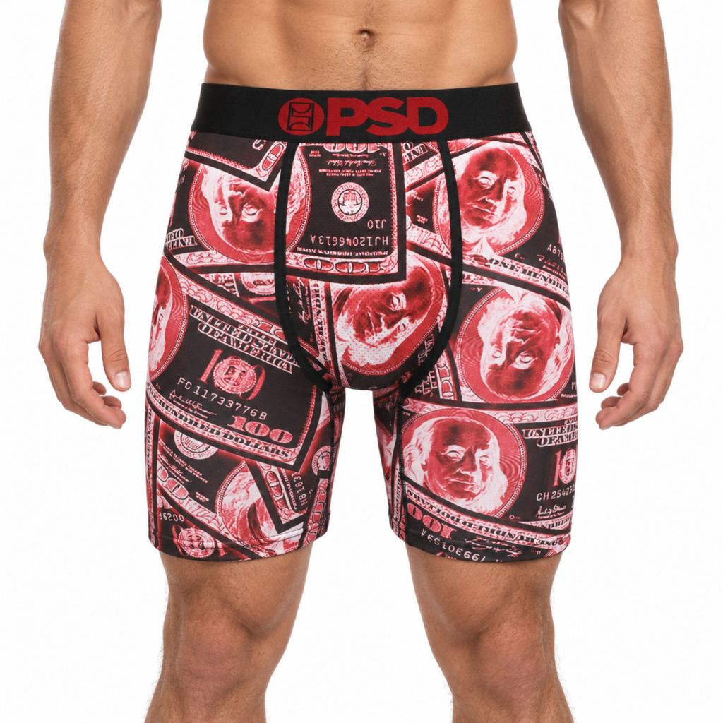 PSD Style Red Money Print Long-Leg Boxer Briefs front model view