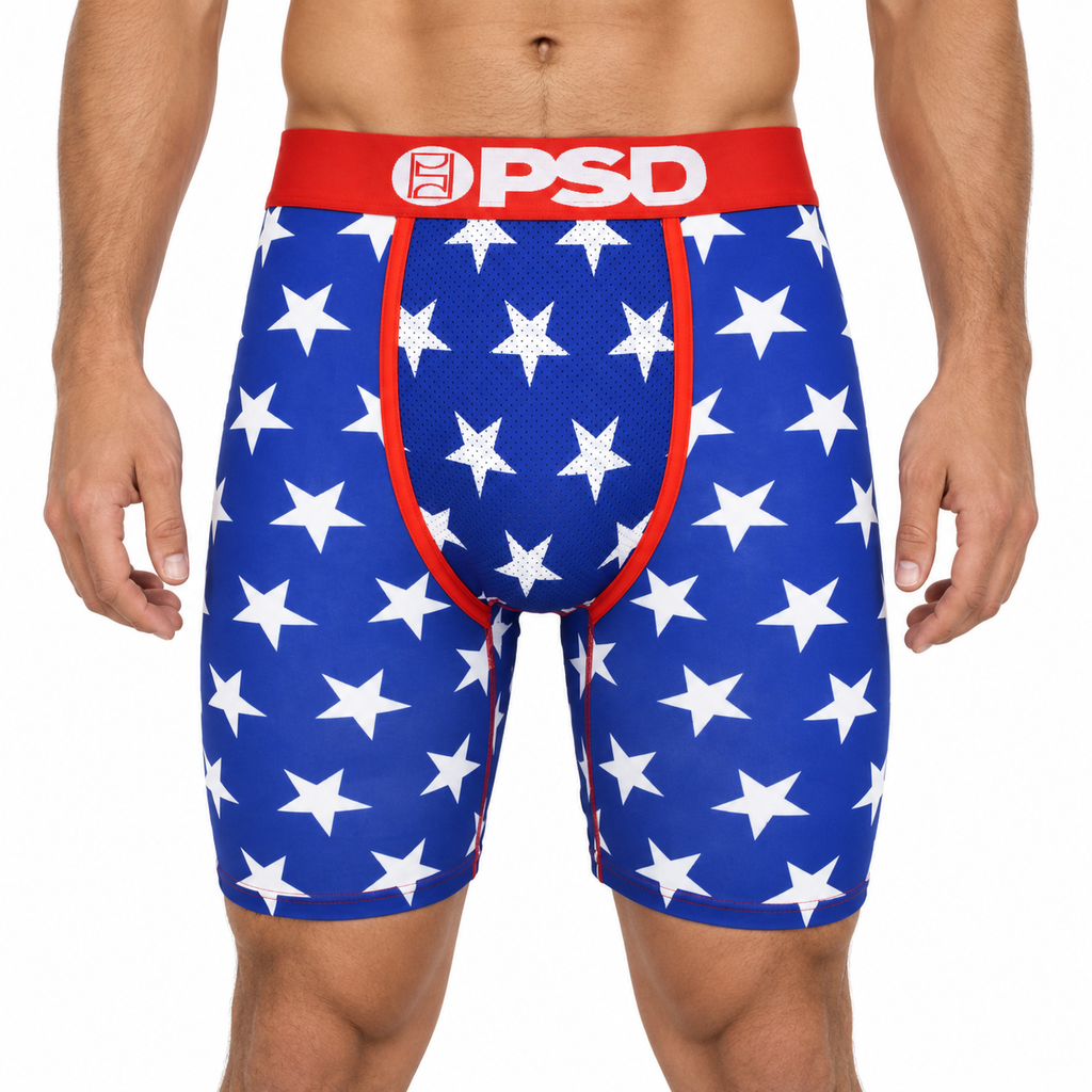 PSD Style Blue Star Print Long-Leg Boxer Briefs front model view