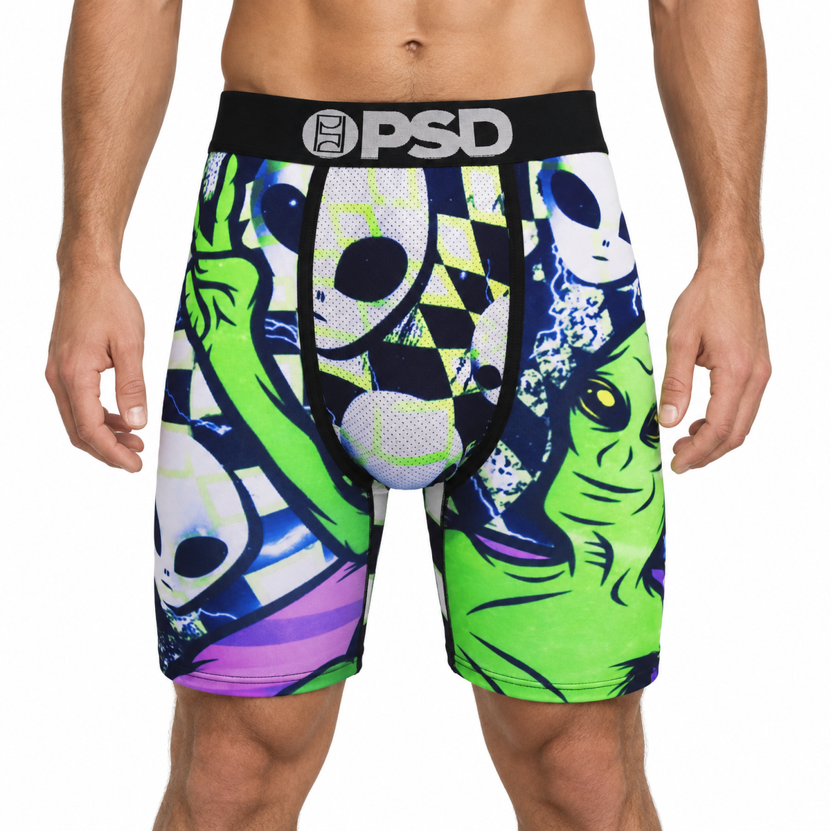 PSD Style Green Alien Graphic Long-Leg Boxer Briefs front model view