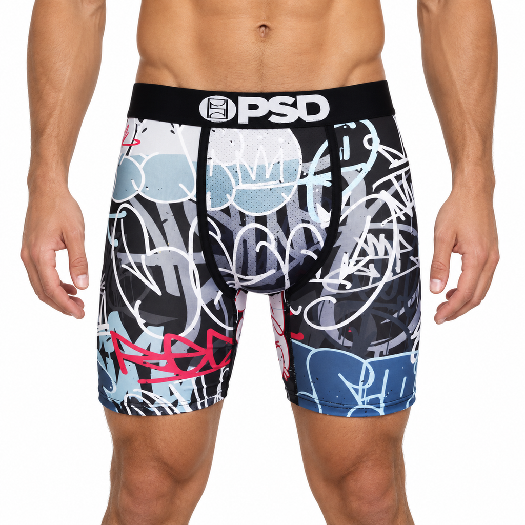 PSD Style Black Graffiti Graphic Boxer Briefs front model view