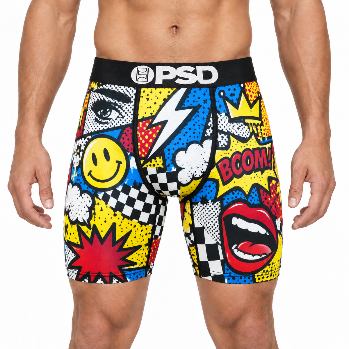 PSD Style Pop Art Cartoon Graphic Boxer Briefs front model view