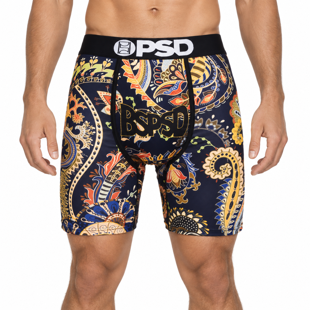 PSD Style Navy Paisley Graphic Boxer Briefs front model view