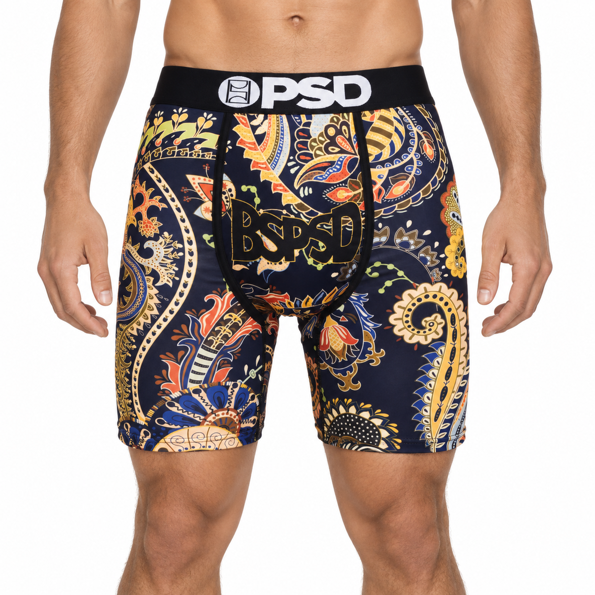 PSD Style Navy Paisley Graphic Boxer Briefs front model view