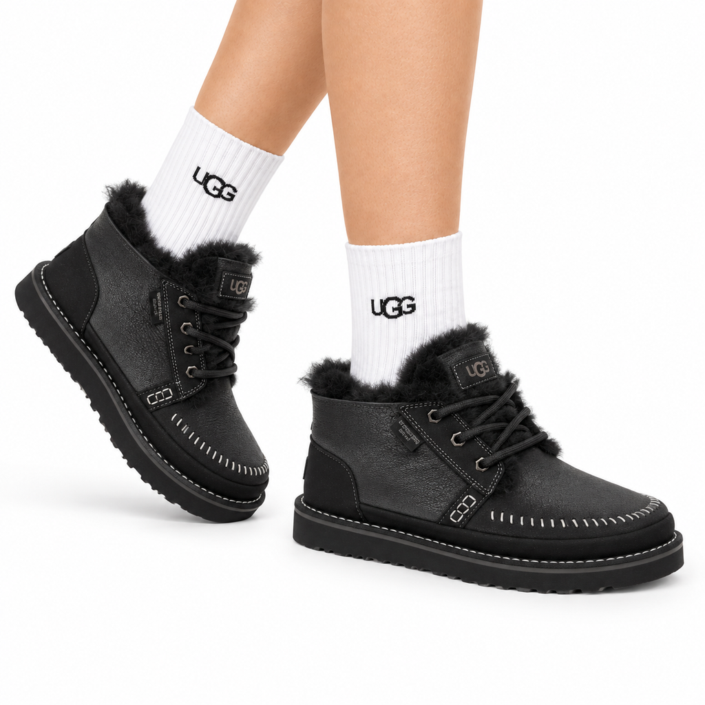 UGG Black Shearling-Collar Leather Boots - side-angle hero view