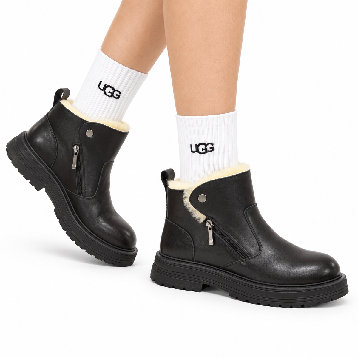 UGG Black Folded-Cuff Leather Boots - side-angle hero view