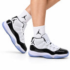 Air Jordan 11 Retro White Black and Icy Blue Unisex Sneakers Style 02 on-foot main image