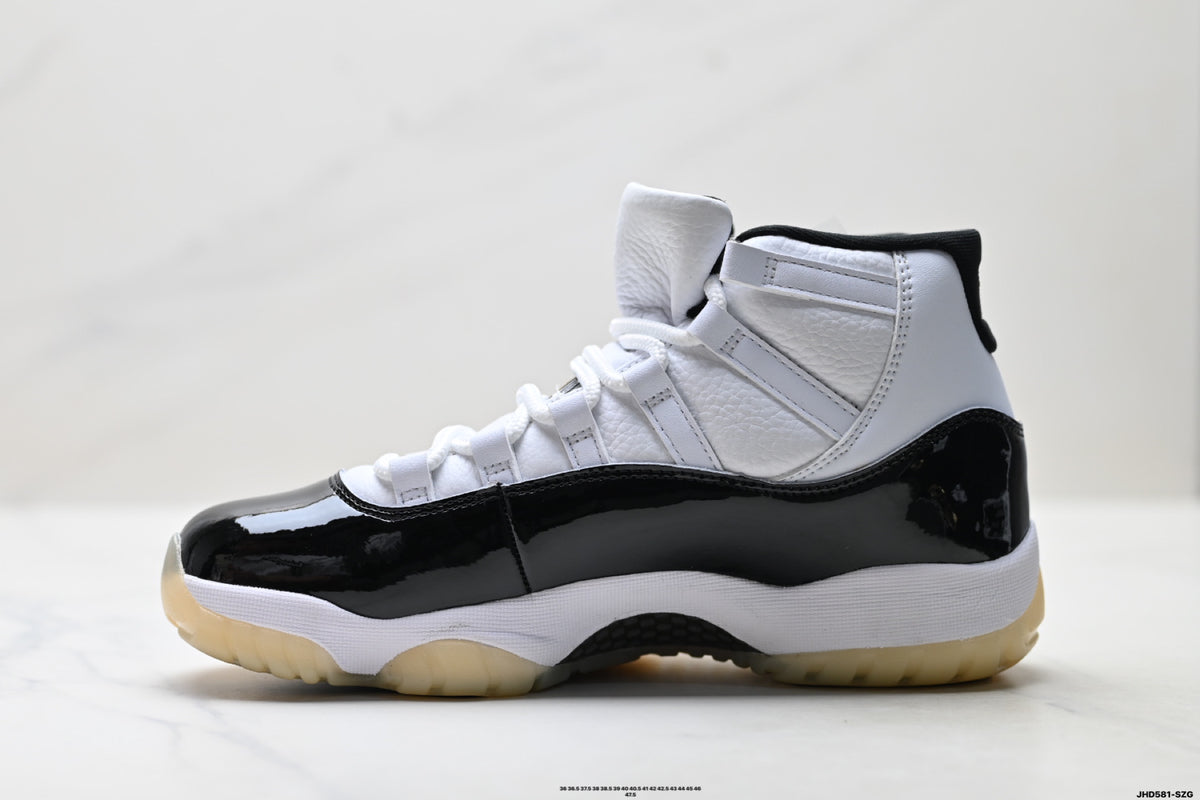 Air Jordan 11 Retro White Black Sail and Gold Unisex Sneakers Style 03 detail view 2