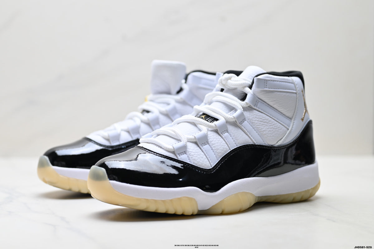 Air Jordan 11 Retro White Black Sail and Gold Unisex Sneakers Style 03 detail view 3