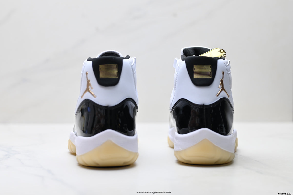 Air Jordan 11 Retro White Black Sail and Gold Unisex Sneakers Style 03 detail view 5