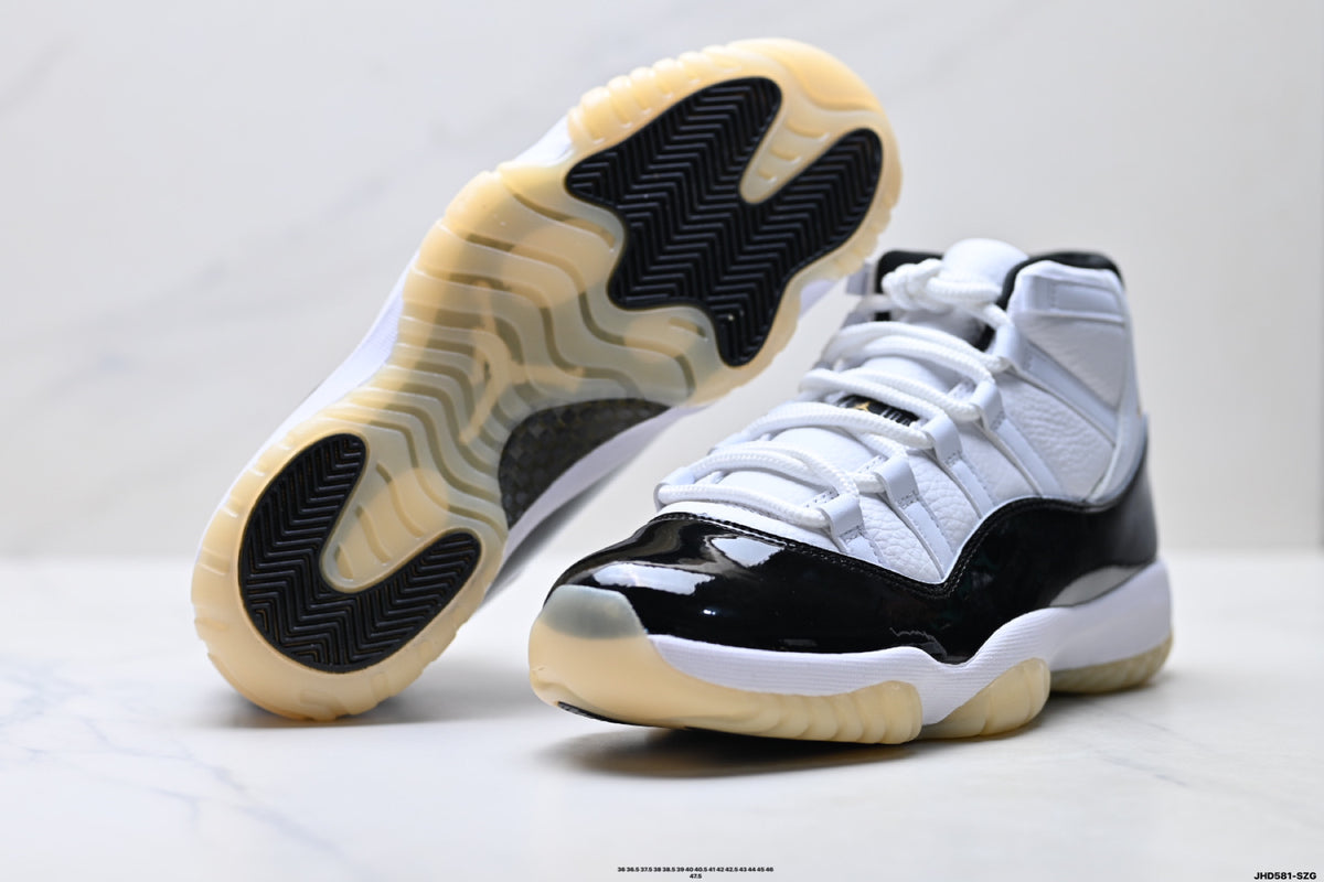 Air Jordan 11 Retro White Black Sail and Gold Unisex Sneakers Style 03 detail view 7