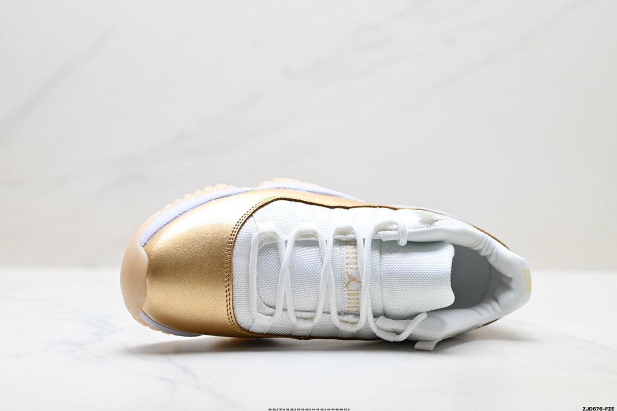 Air Jordan 11 Retro White and Metallic Gold Unisex Sneakers Style 05 detail view 1