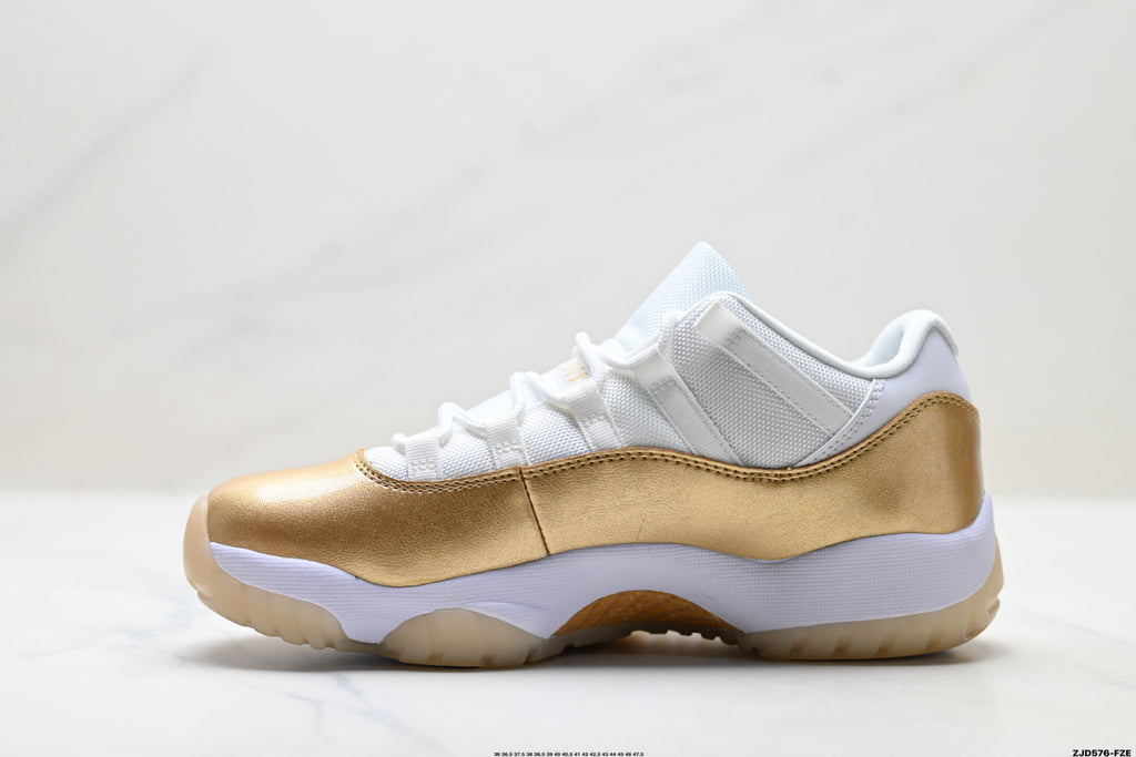 Air Jordan 11 Retro White and Metallic Gold Unisex Sneakers Style 05 detail view 2