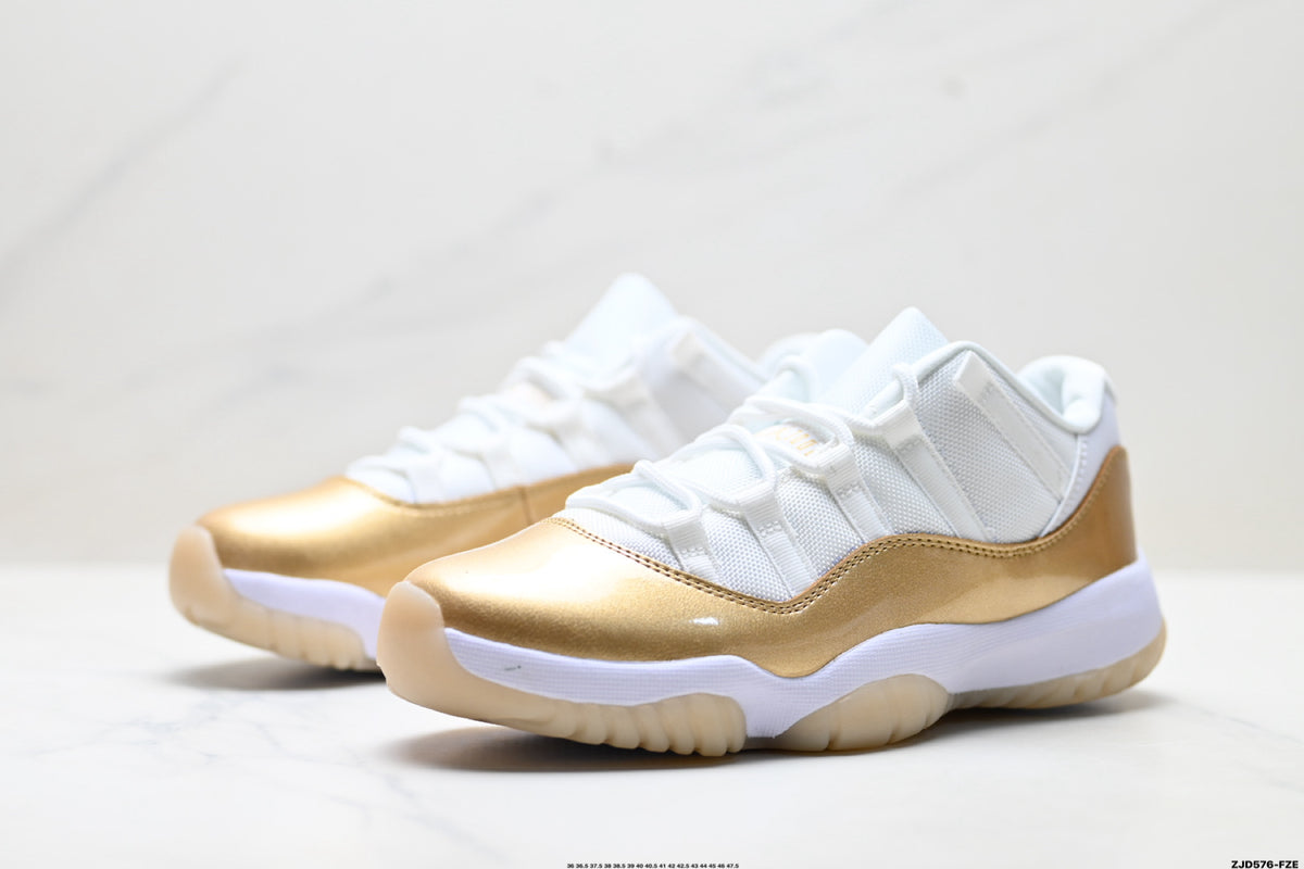 Air Jordan 11 Retro White and Metallic Gold Unisex Sneakers Style 05 detail view 3