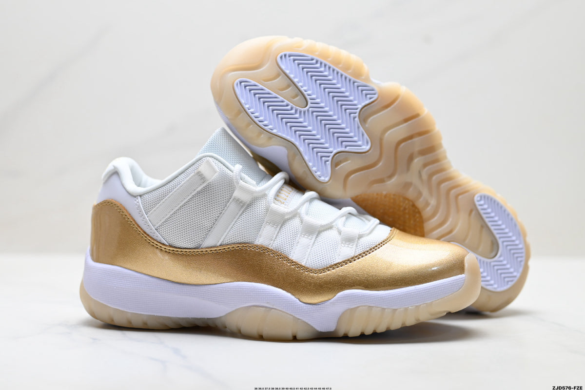 Air Jordan 11 Retro White and Metallic Gold Unisex Sneakers Style 05 detail view 4