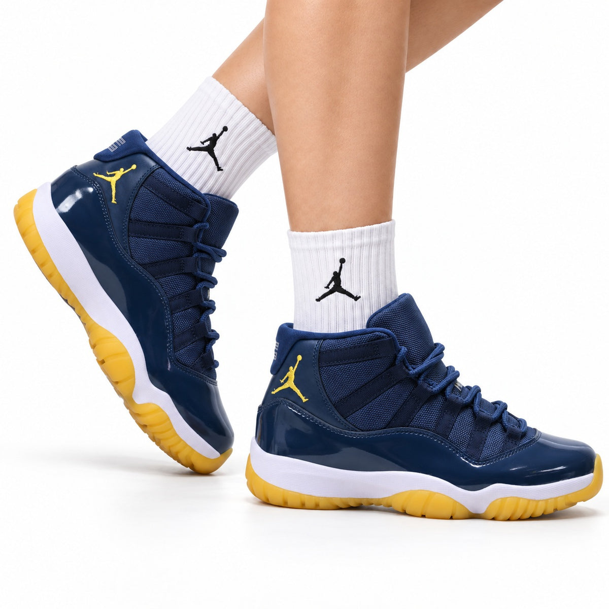 Air Jordan 11 Retro Midnight Navy and Yellow Unisex Sneakers Style 06 on-foot main image