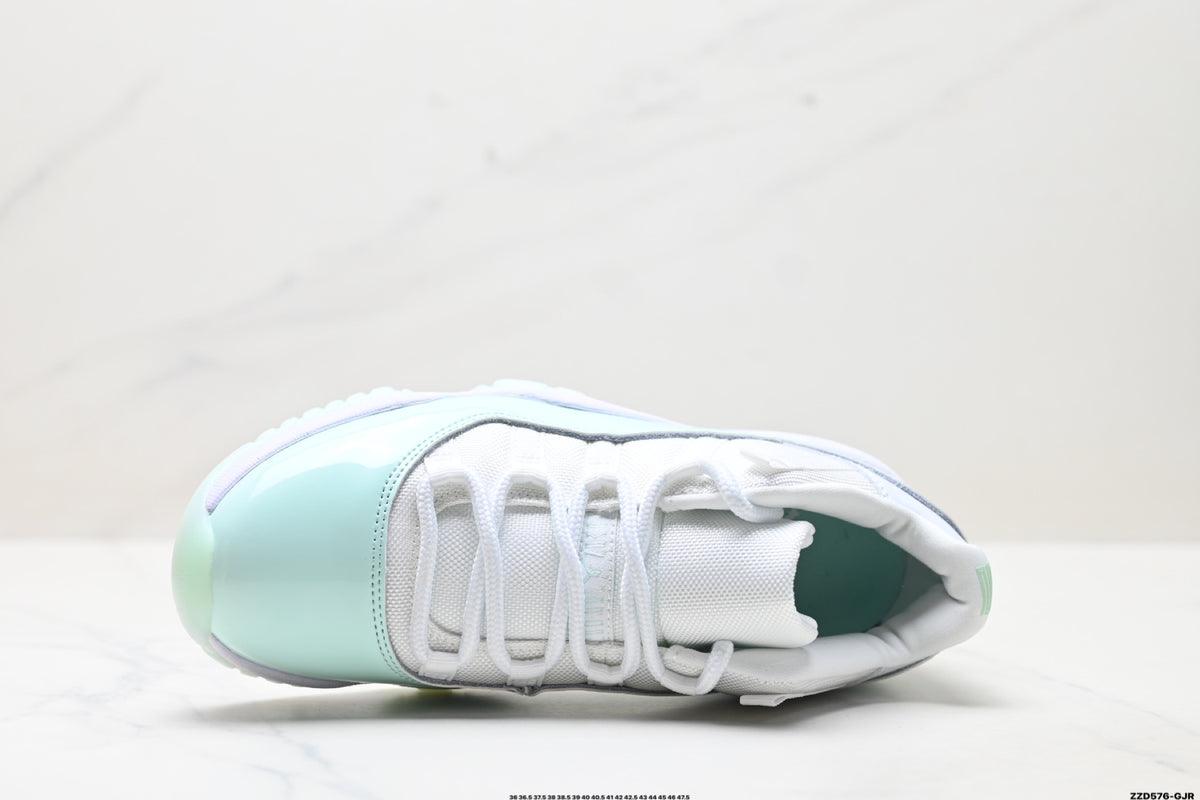 Air Jordan 11 Retro White and Mint Unisex Sneakers Style 09 detail view 1