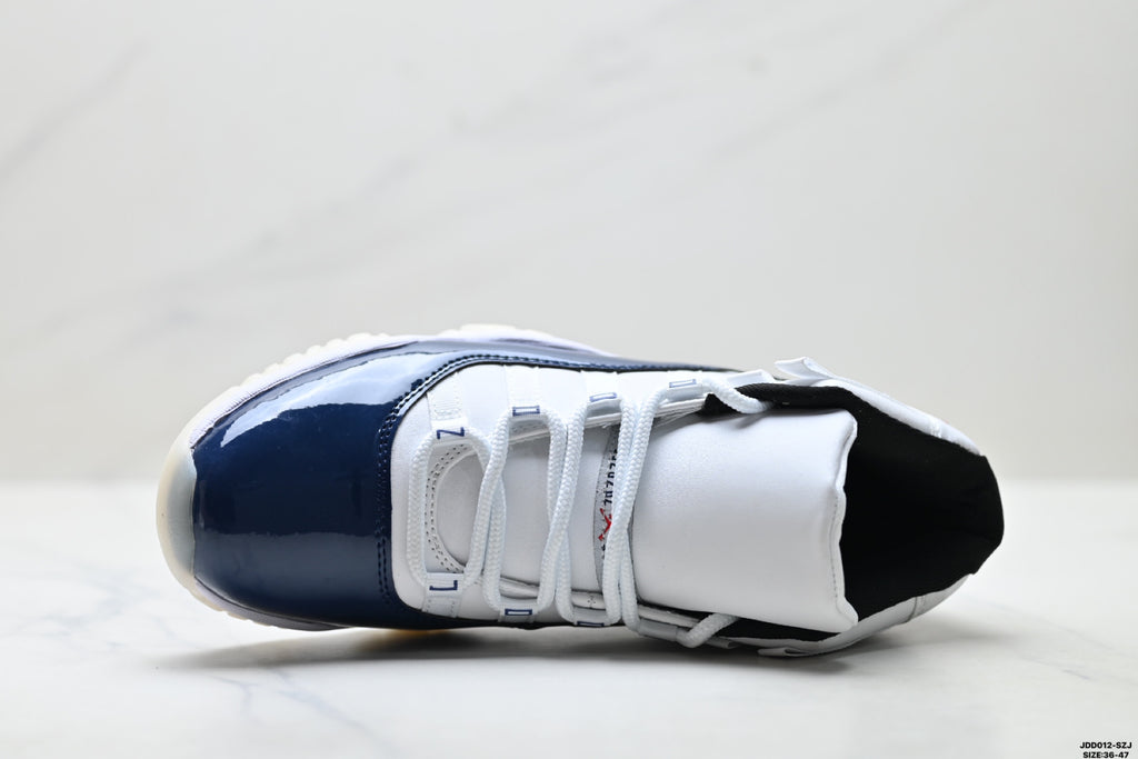 Air Jordan 11 Retro White and Midnight Navy Unisex Sneakers Style 11 detail view 1