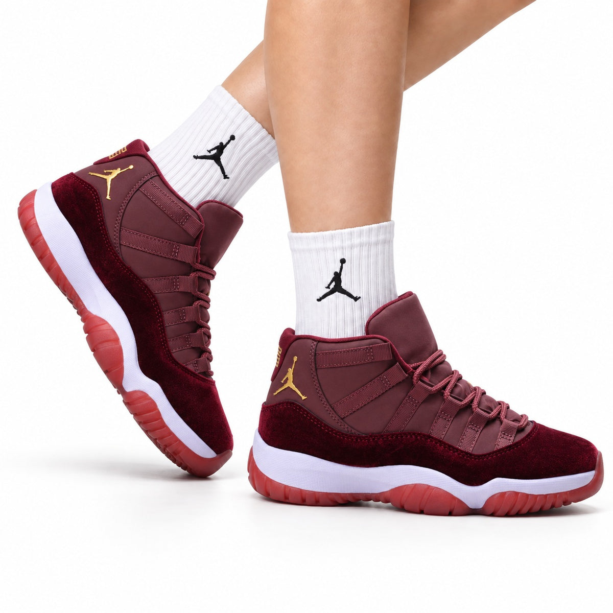 Air Jordan 11 Retro Burgundy and Gold Unisex Sneakers Style 14 on-foot main image