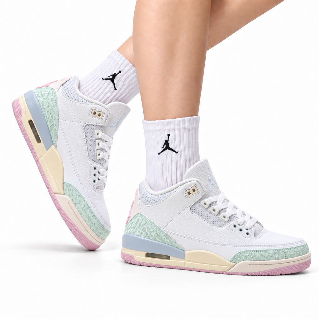 Air Jordan 3 Retro White Mint Pastel sneakers on feet with Jordan socks