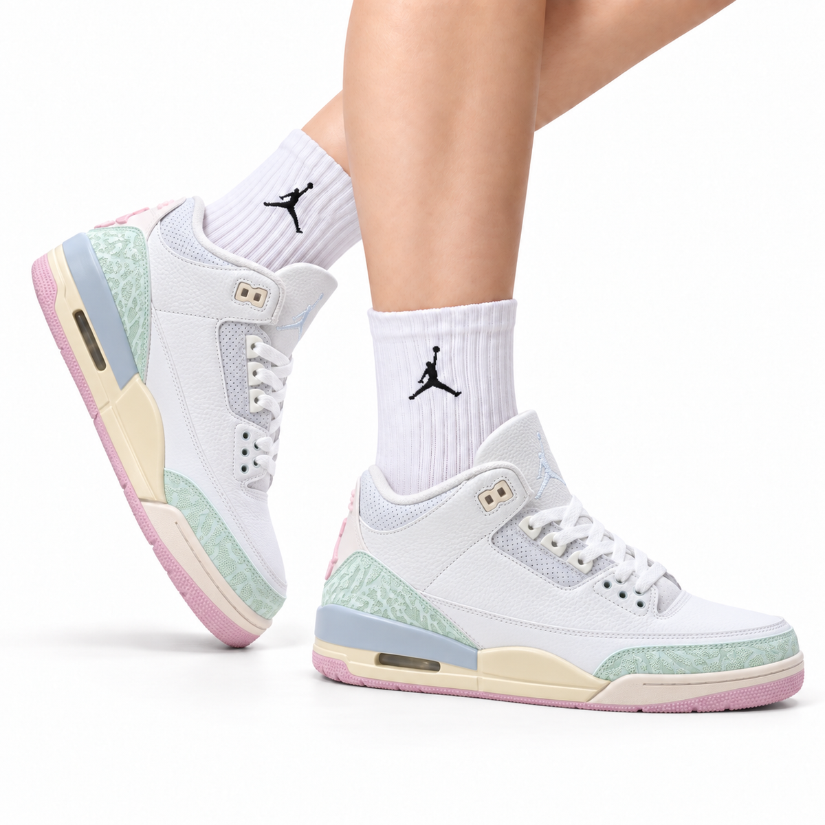 Air Jordan 3 Retro White Mint Pastel sneakers on feet with Jordan socks