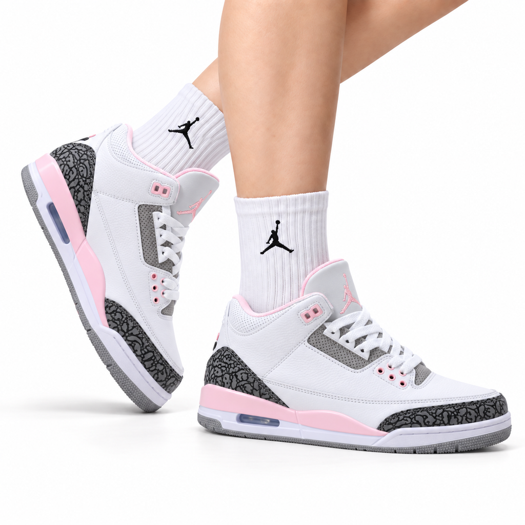 Air Jordan 3 Retro White Grey Pink sneakers on feet with Jordan socks