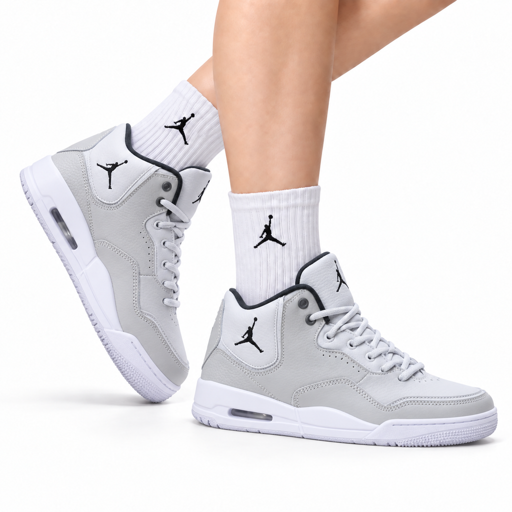 Air Jordan 3 Retro White Light Grey sneakers on feet with Jordan socks