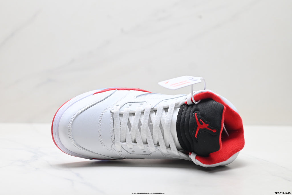 Air Jordan 5 Retro White Fire Red Black Sneakers detail view 2