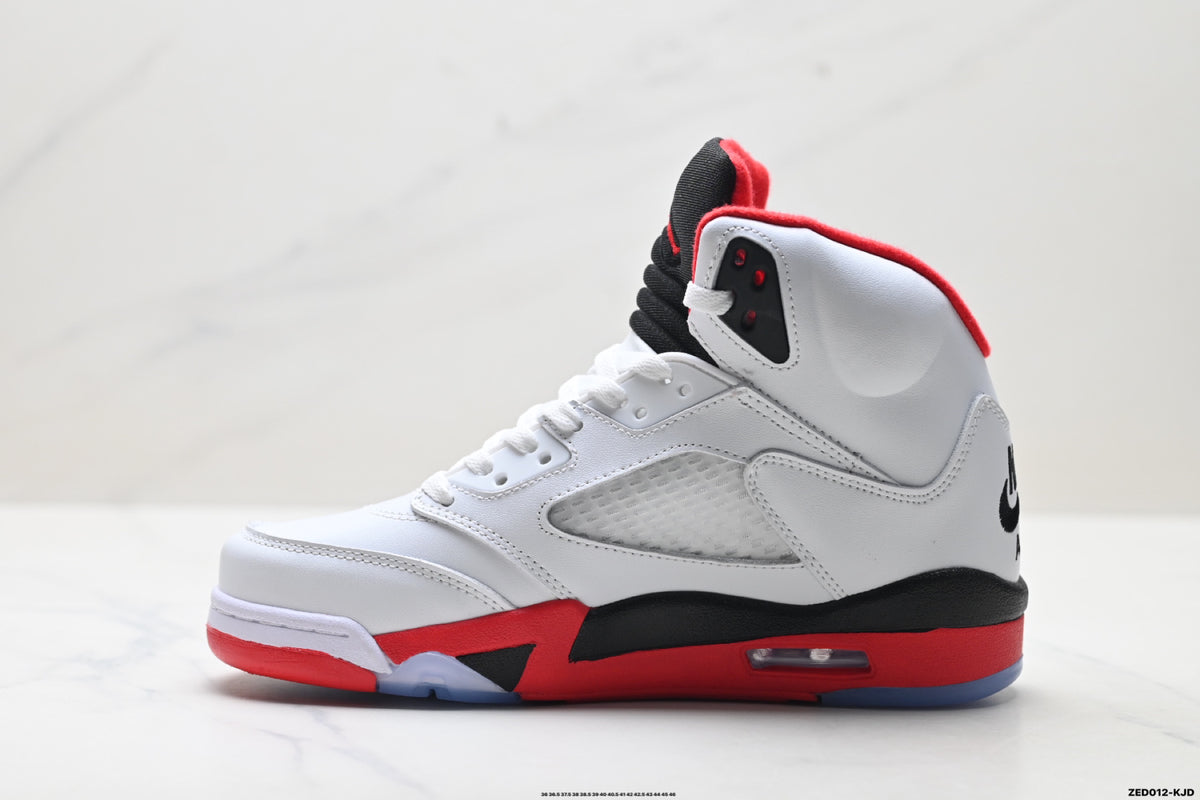 Air Jordan 5 Retro White Fire Red Black Sneakers detail view 3