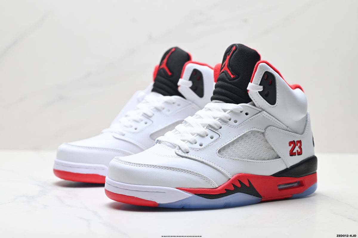 Air Jordan 5 Retro White Fire Red Black Sneakers detail view 4