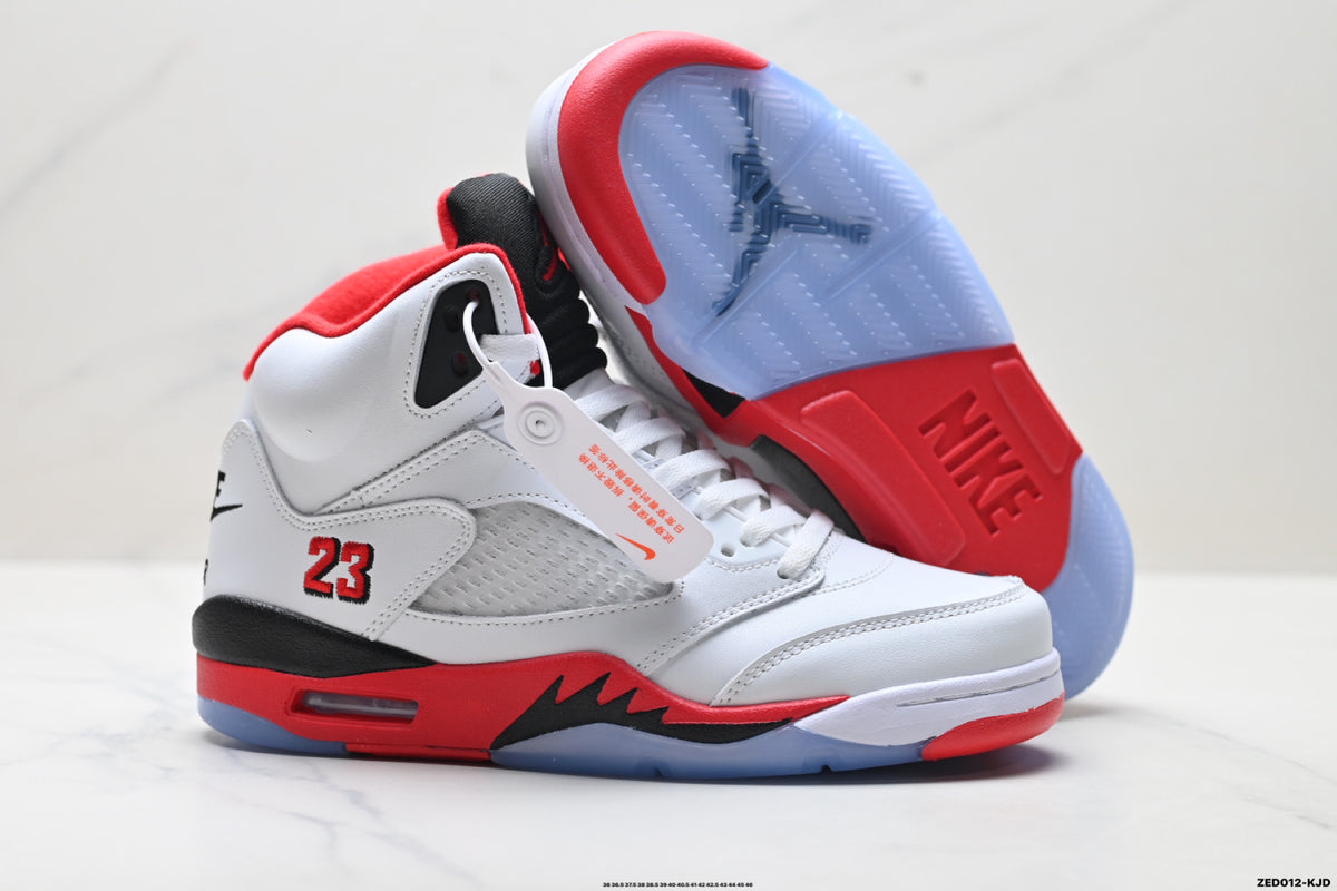 Air Jordan 5 Retro White Fire Red Black Sneakers detail view 5
