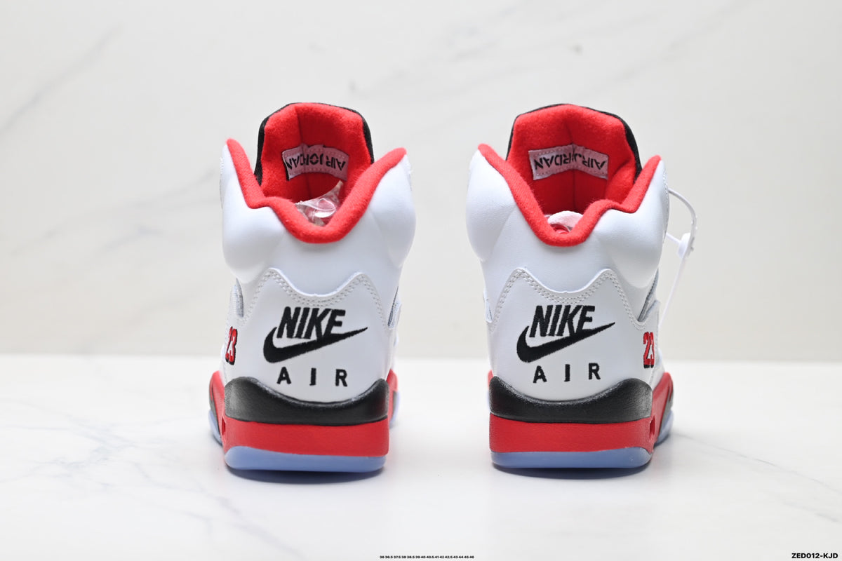 Air Jordan 5 Retro White Fire Red Black Sneakers detail view 6
