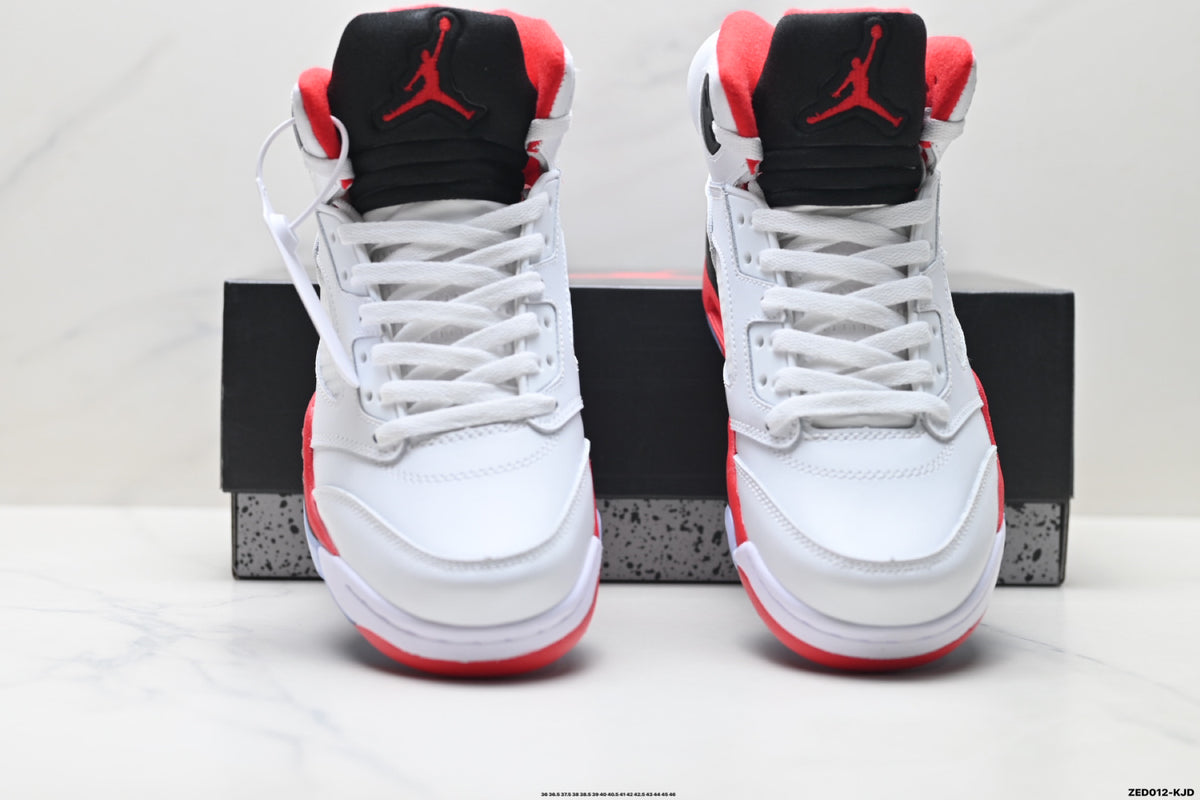 Air Jordan 5 Retro White Fire Red Black Sneakers detail view 7