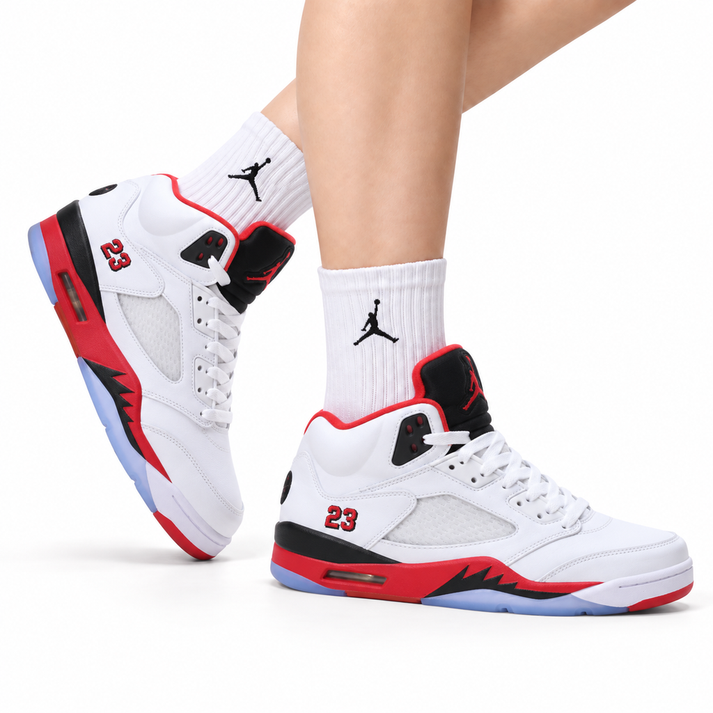 Air Jordan 5 Retro White Fire Red Black Sneakers on-foot product image on a pure white background