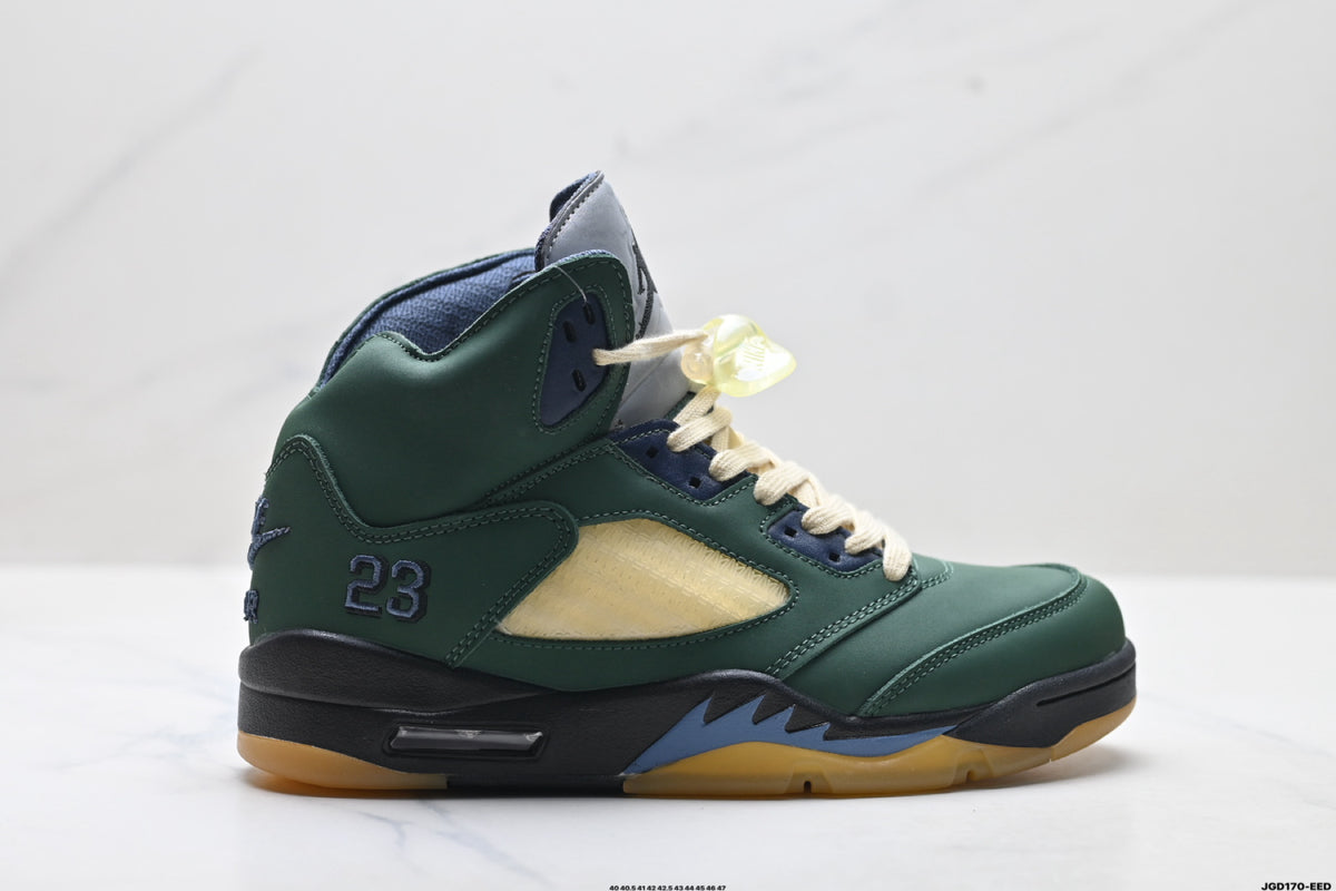 Air Jordan 5 Retro Green Gold Navy Sneakers detail view 1