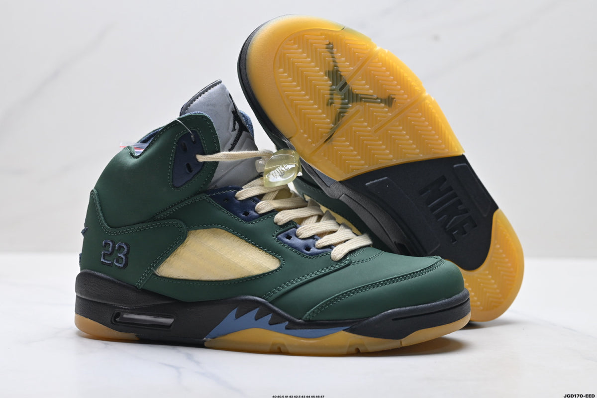 Air Jordan 5 Retro Green Gold Navy Sneakers detail view 5