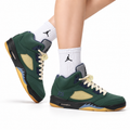 Air Jordan 5 Retro Green Gold Navy Sneakers on-foot product image on a pure white background