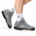 Air Jordan 5 Retro Wolf Grey Black Sneakers on-foot product image on a pure white background