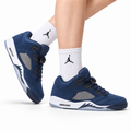 Air Jordan 5 Retro Navy Blue White Sneakers on-foot product image on a pure white background