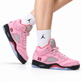 Air Jordan 5 Retro Pink Black Ice Blue Sneakers on-foot product image on a pure white background