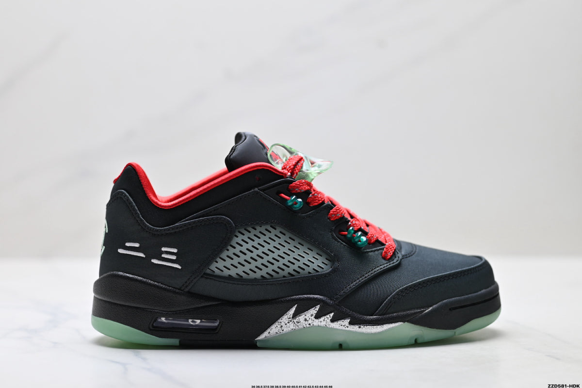 Air Jordan 5 Retro Black Red Green Glow Sneakers detail view 1