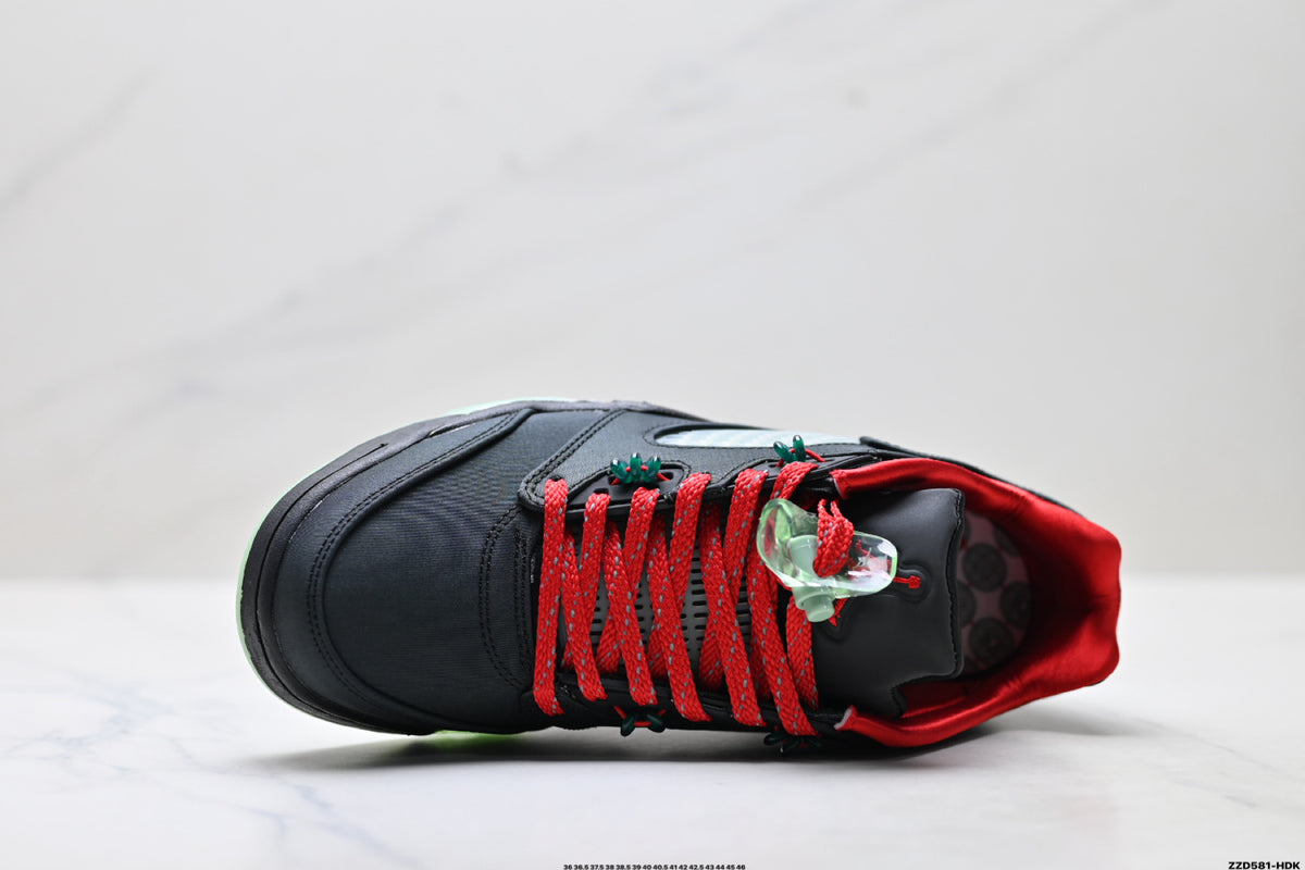 Air Jordan 5 Retro Black Red Green Glow Sneakers detail view 2