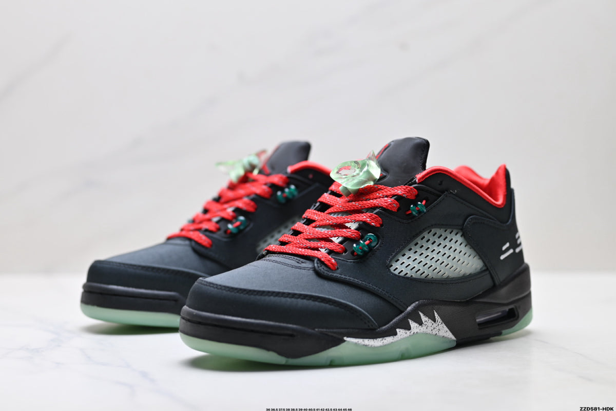 Air Jordan 5 Retro Black Red Green Glow Sneakers detail view 4
