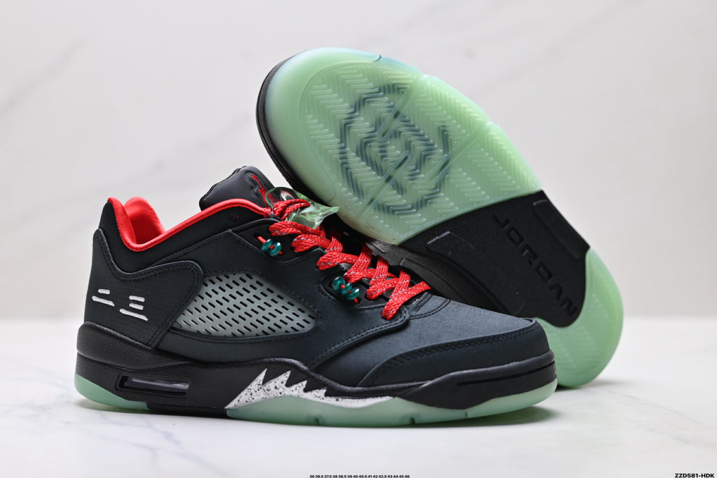 Air Jordan 5 Retro Black Red Green Glow Sneakers detail view 5